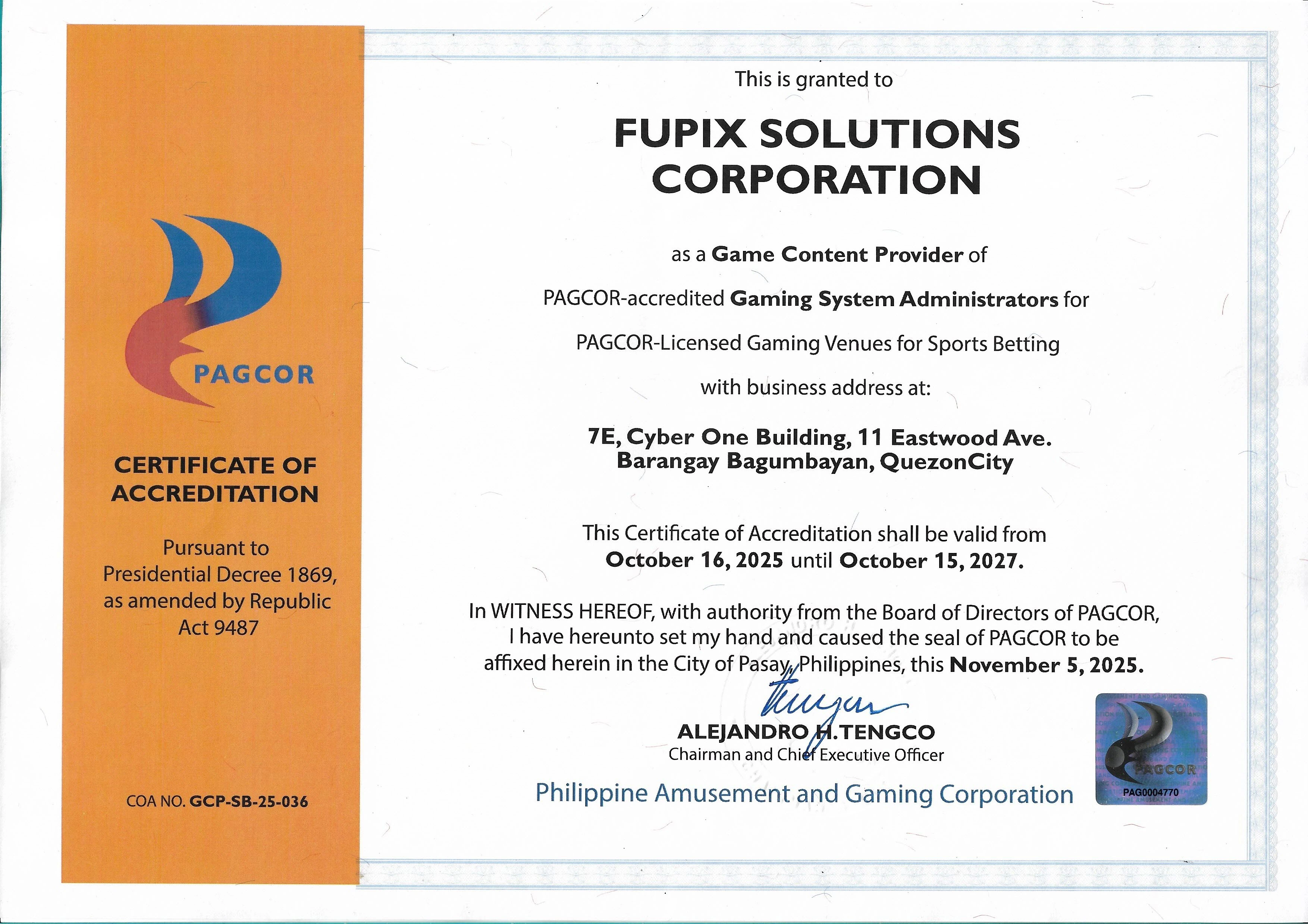 PAGCOR Accreditation Certificate