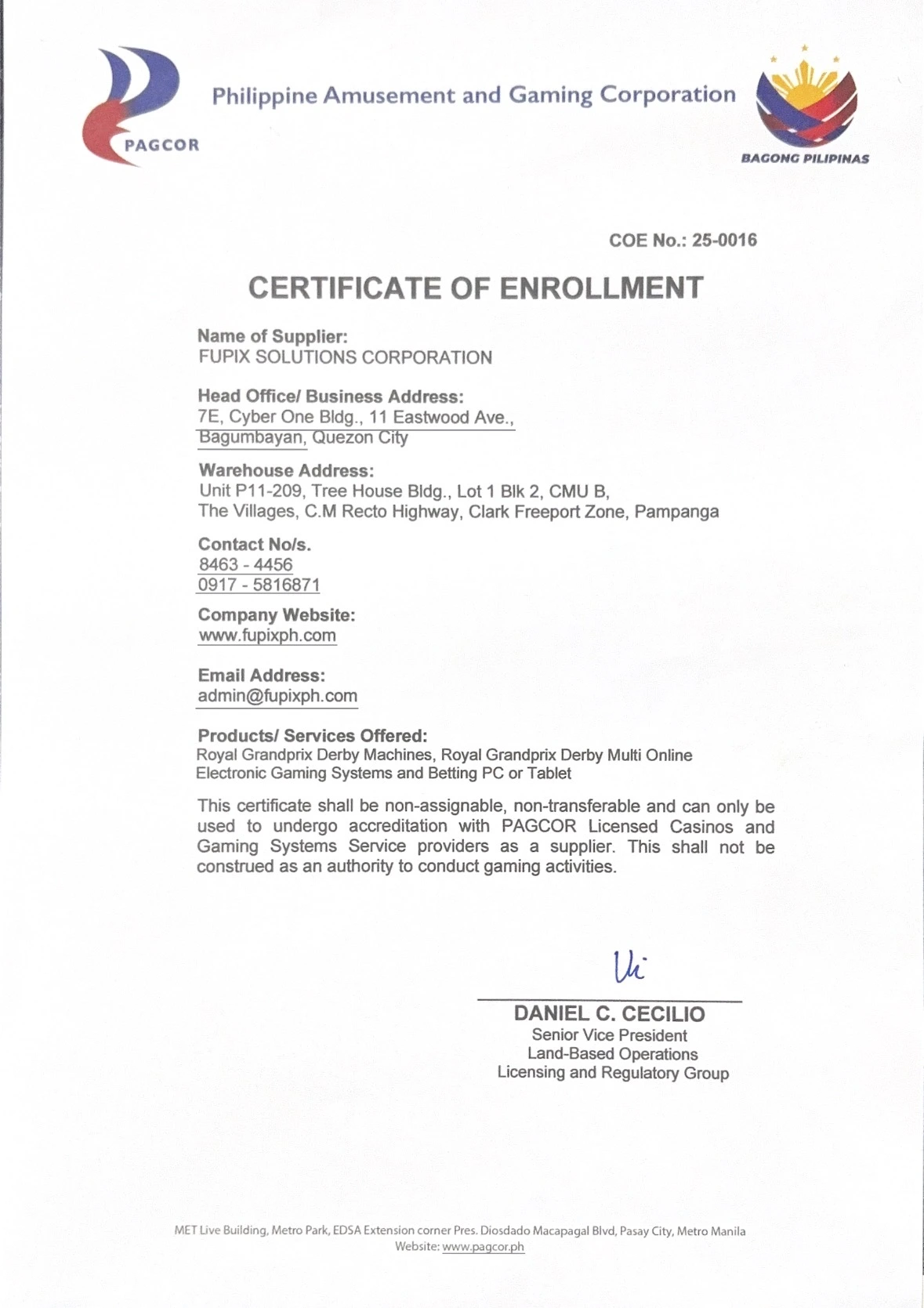 PAGCOR Certificate of Enrollment