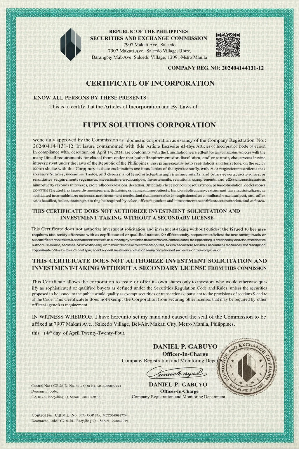 SEC Certificate of Incorporation